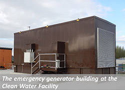 The emergency generator building at the clean water facility