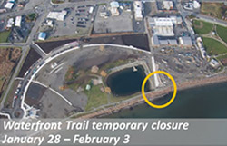 Aerial view showing Waterfront trail temporary closure January 28 February 3