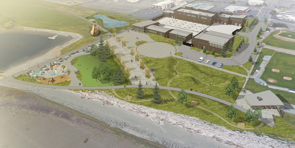 An overhead view of the future park, showing the eastern kitchen, cars parked in the parking lot near the Clean Water Facility, the plaza, people walking on a waterfront path, and the splash park and nature play area.